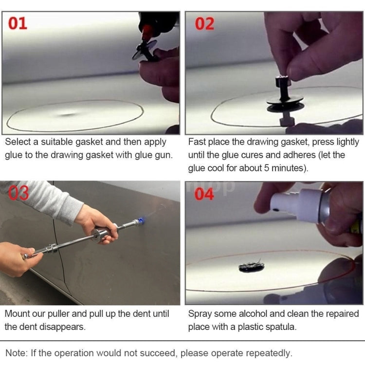 Dent repair adhesive tab and puller tool on car body panel with small alcohol bottle