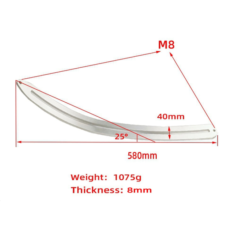 Curved dent repair lifter bar dimensions: 580mm length, 8mm thickness, 40mm end