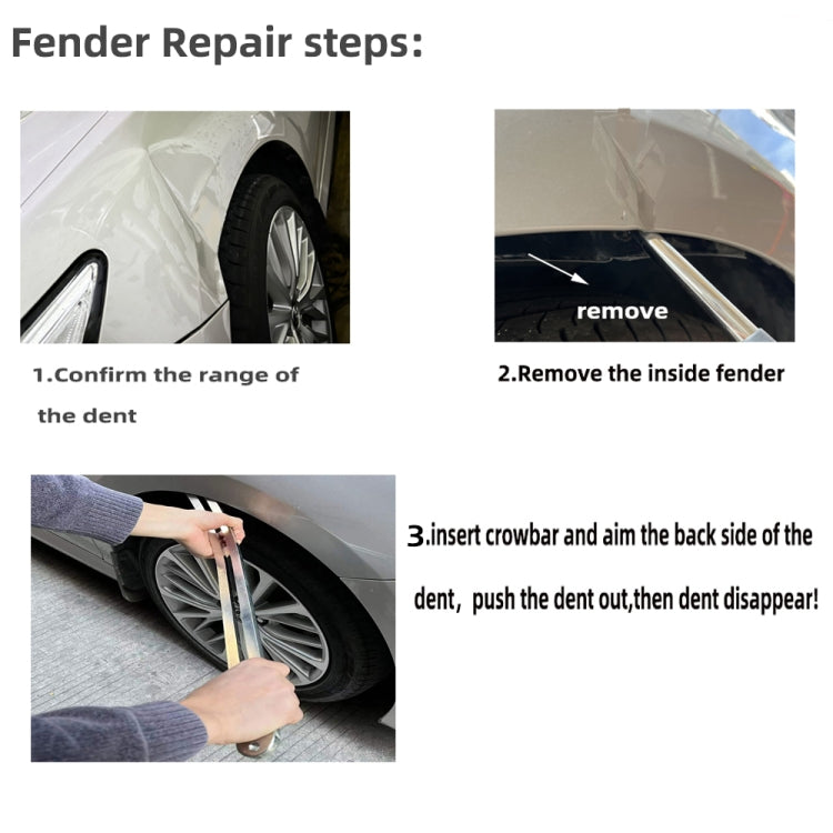 Car dent repair crowbar tool used at wheel arch, hands inserting curved metal bar