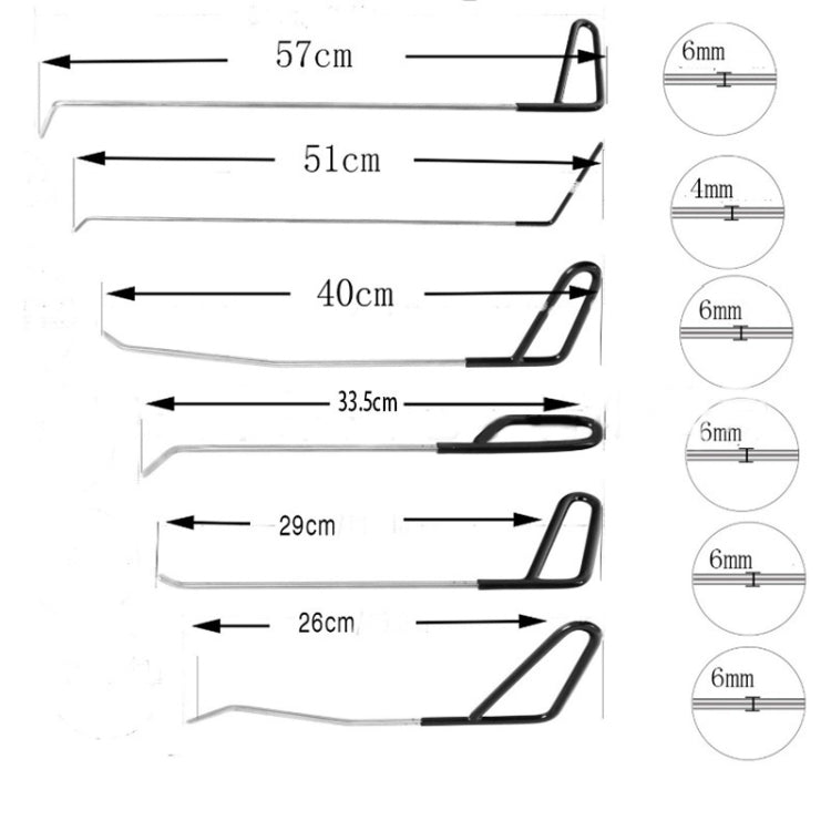 Dent repair hook rods shown with size measurements and thickness guides