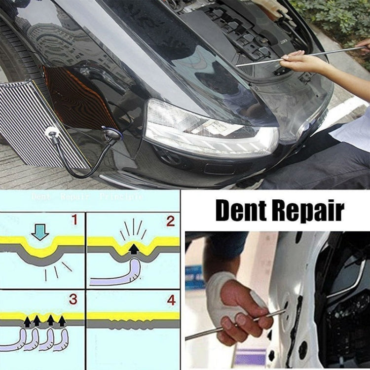 Dent repair hook rods used on a car hood, with step-by-step guidance