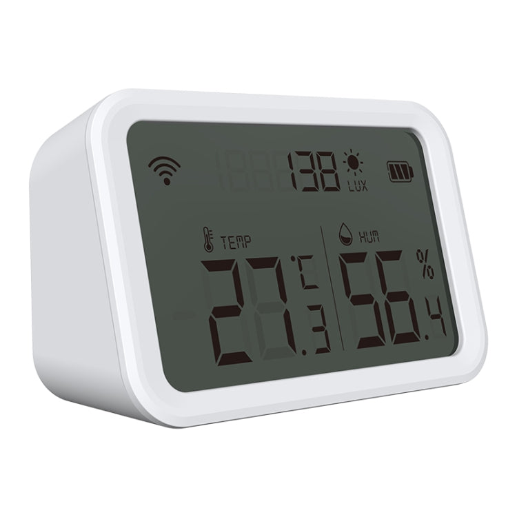 White Zigbee temperature and humidity sensor with LCD showing temp, humidity, and light.