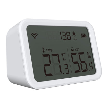 White Zigbee temperature and humidity sensor with LCD showing temp, humidity, and light.