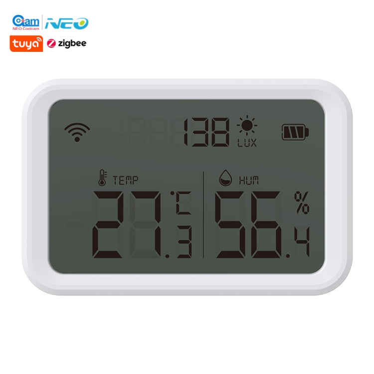 White temperature-humidity sensor close-up with LCD readings for lux, humidity, and temp.