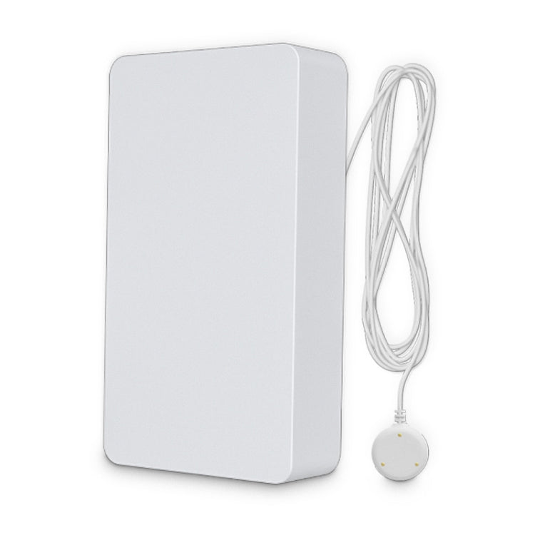 White Zigbee water flood sensor with attached cord and round leak probe