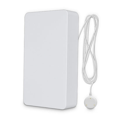 White Zigbee water flood sensor with attached cord and round leak probe