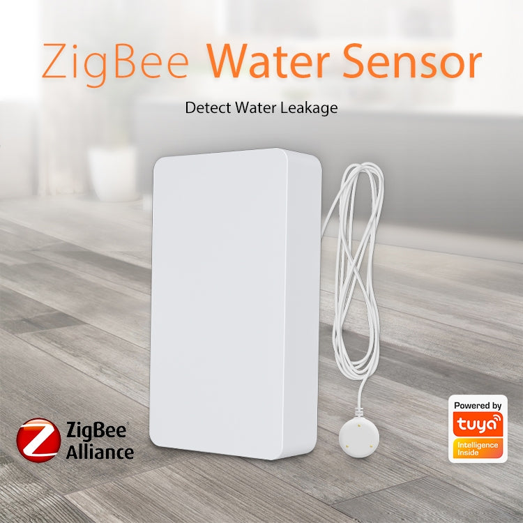 Rectangular white Zigbee water flood sensor with cable and round sensor probe