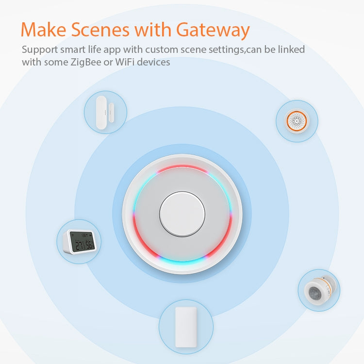 White Zigbee water sensor system showing round leak probe and indicator circle