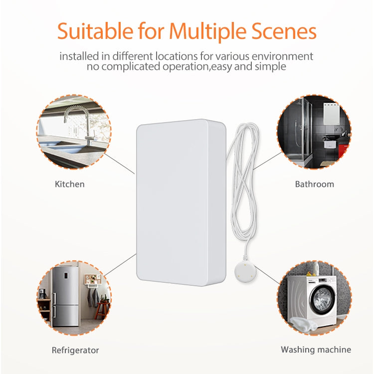 White Zigbee water flood sensor with long cable and round leak probe