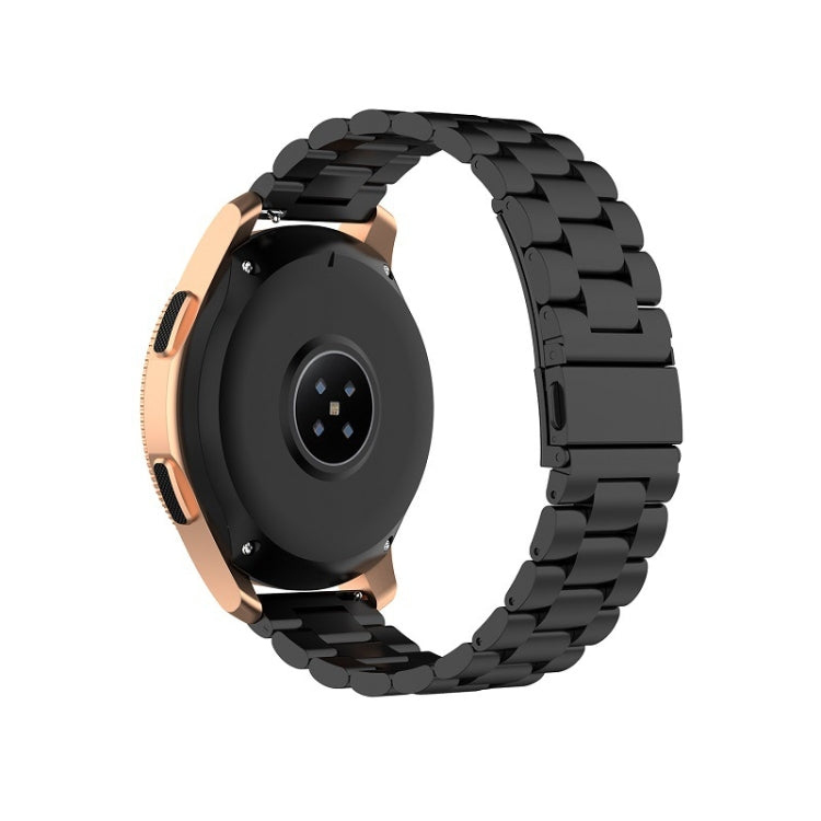 Black steel smartwatch strap with rose-gold case, side profile watch