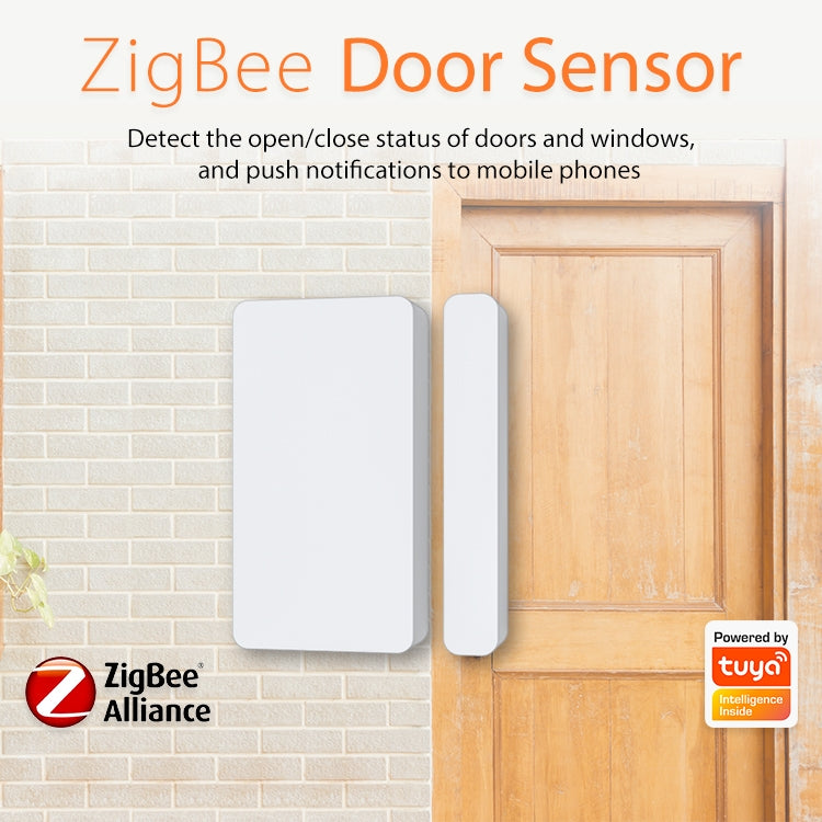Zigbee door sensor kit mounted on a wall: white sensor pad and slim magnet bar.