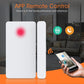 White door sensor and magnetic strip with app remote-control shown on a phone.