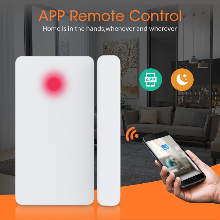 White door sensor and magnetic strip with app remote-control shown on a phone.