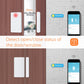 Zigbee door sensor mounted on wood door: white sensor pad and slim magnet bar.