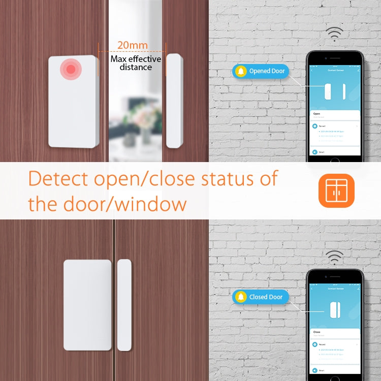 Zigbee door sensor mounted on wood door: white sensor pad and slim magnet bar.