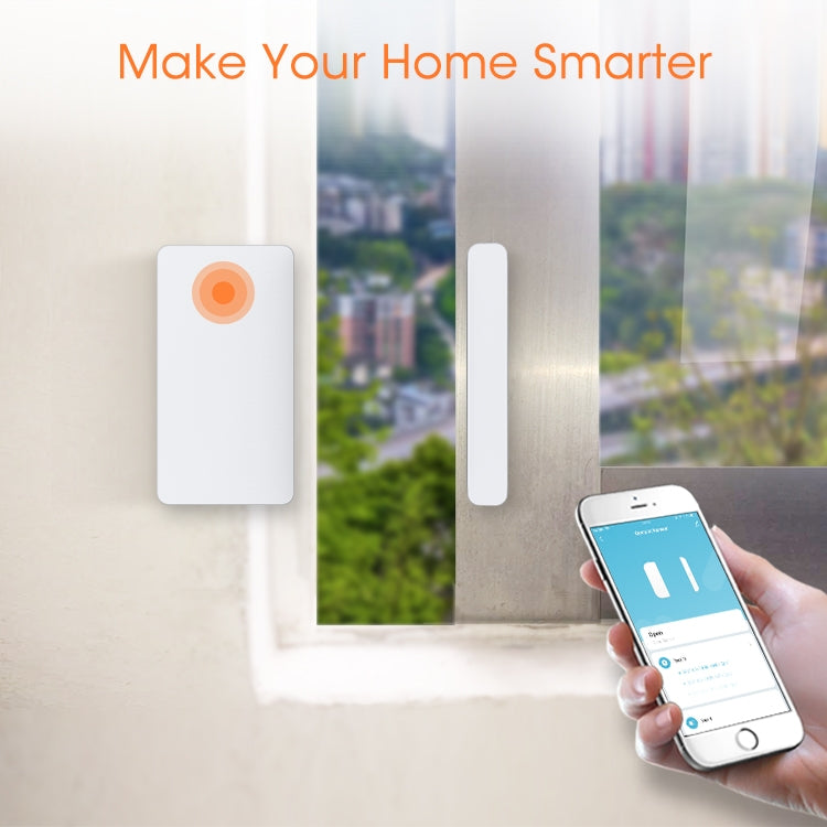 White Zigbee door sensor and magnet bar on a wall with smartphone app control.