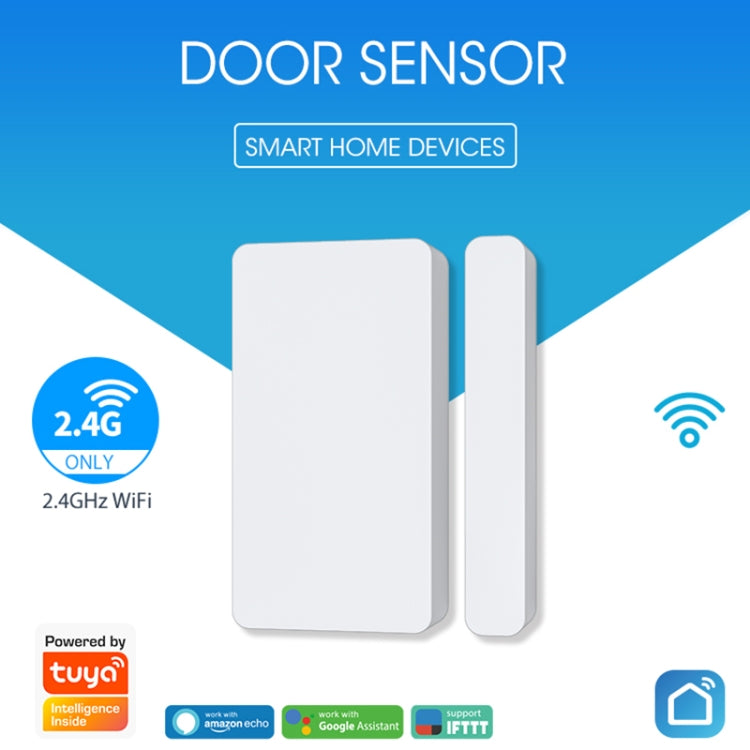 Two-piece white door sensor set with contact unit and slim strip.