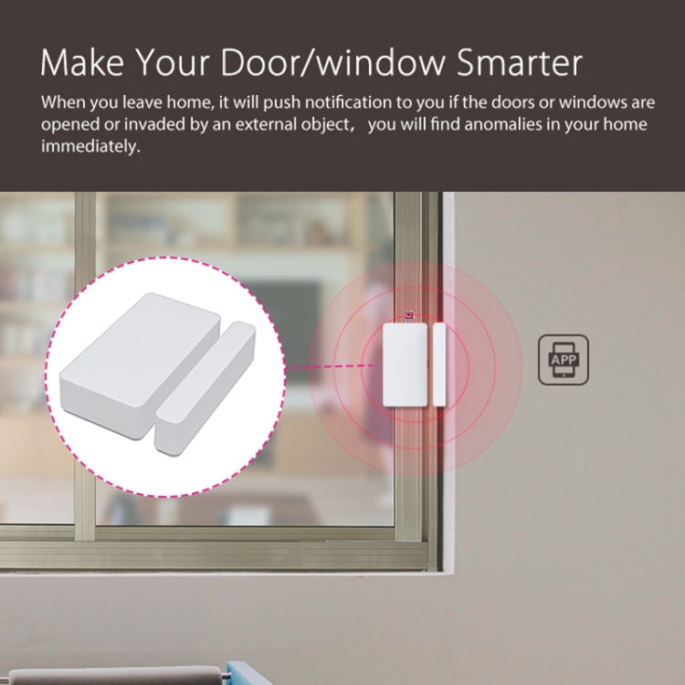 White door/window contact sensor with magnetic strip for smart notifications.