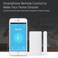 White door sensor contact unit with slim strip next to a phone app screen.