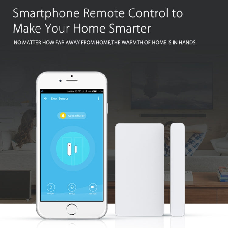 White door sensor contact unit with slim strip next to a phone app screen.