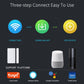 White door sensor contact and slim strip shown with smart home assistants.