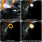 Round LED turn signal lights installed on a motorcycle handlebar with black housings