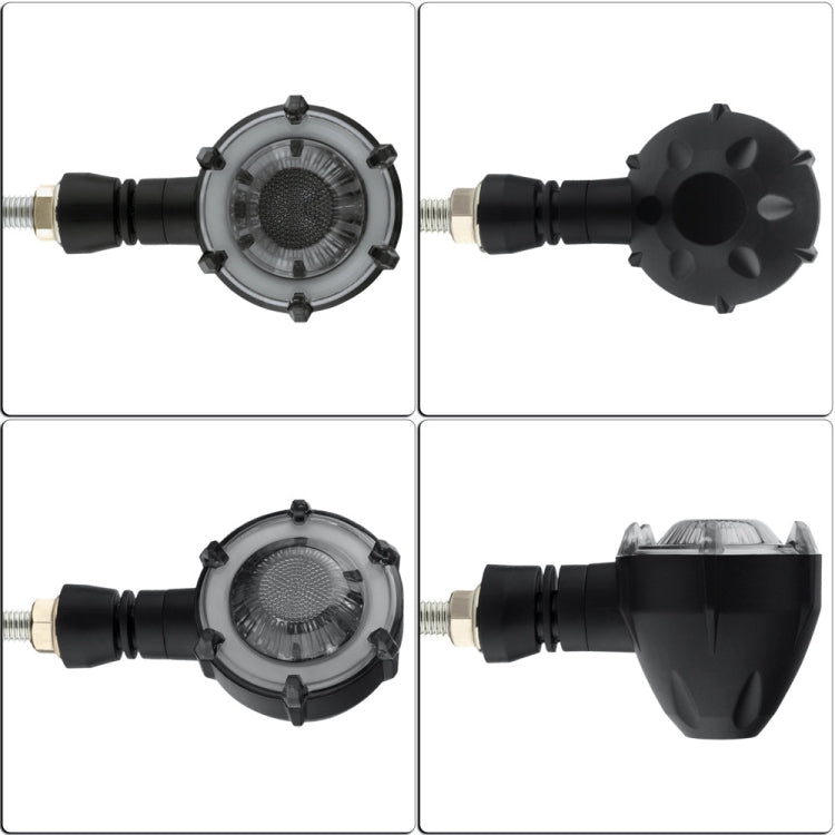 Single round LED turn signal light with clear lens, black housing, and metal thread base
