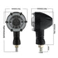 Round LED motorcycle turn signal light with black body, side view, and metal thread
