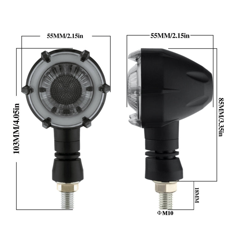 Round LED motorcycle turn signal light with black body, side view, and metal thread