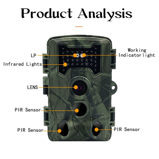 Camouflaged trail camera front view with lens and sensor layout illustration