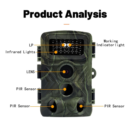 Camouflage trail camera front with lens, infrared lights, and PIR sensor area