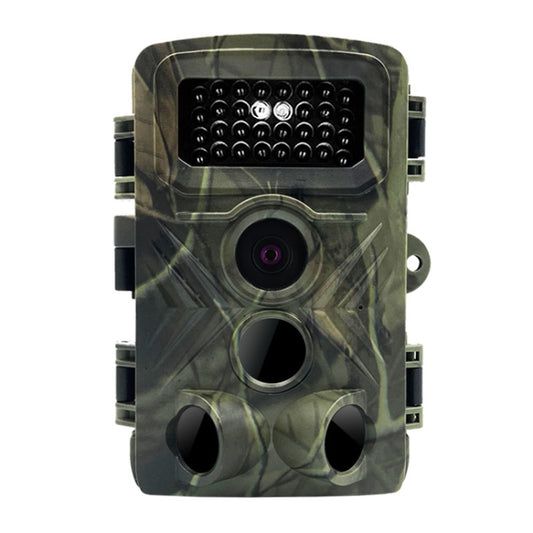Camouflage trail camera front with lens, infrared LED array, and side ports
