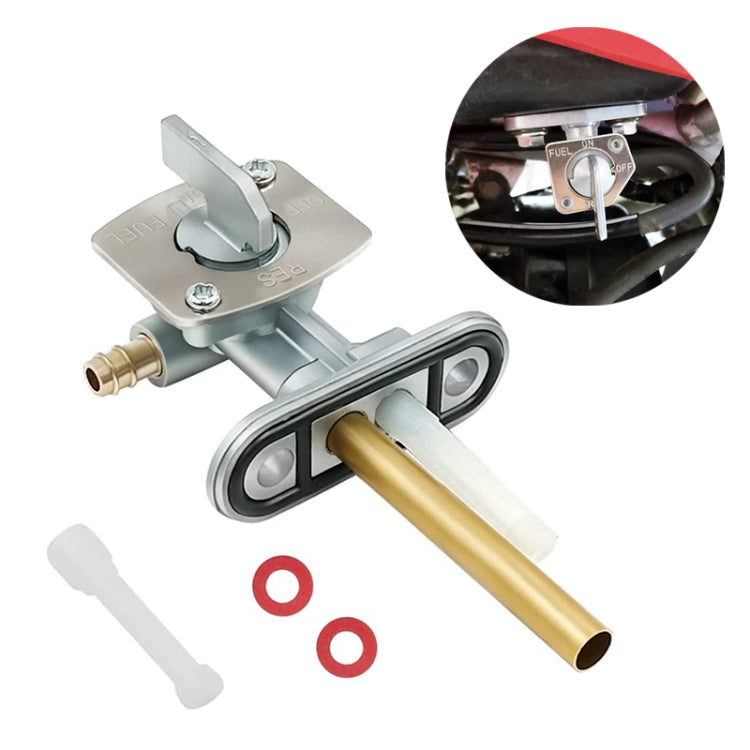 Motorcycle fuel petcock valve with silver body, gold outlet, white gasket and O-rings