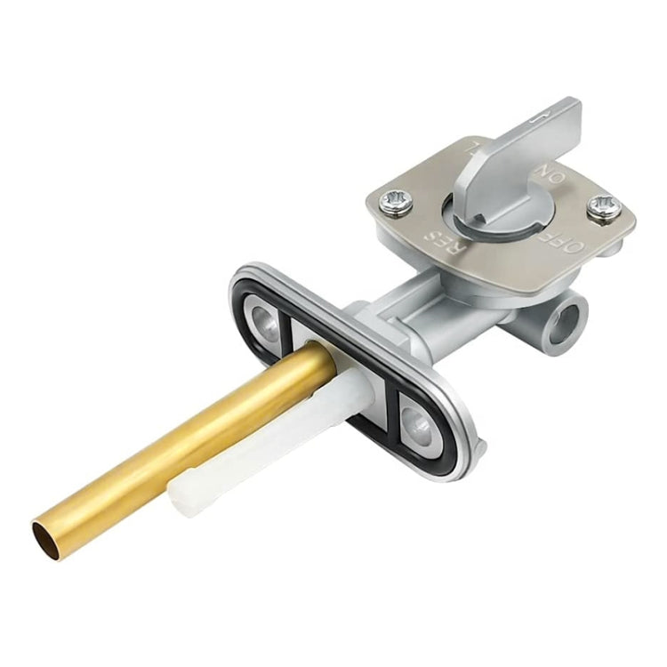 Motorcycle fuel petcock valve with silver bracket, gold tube, white fuel switch lever