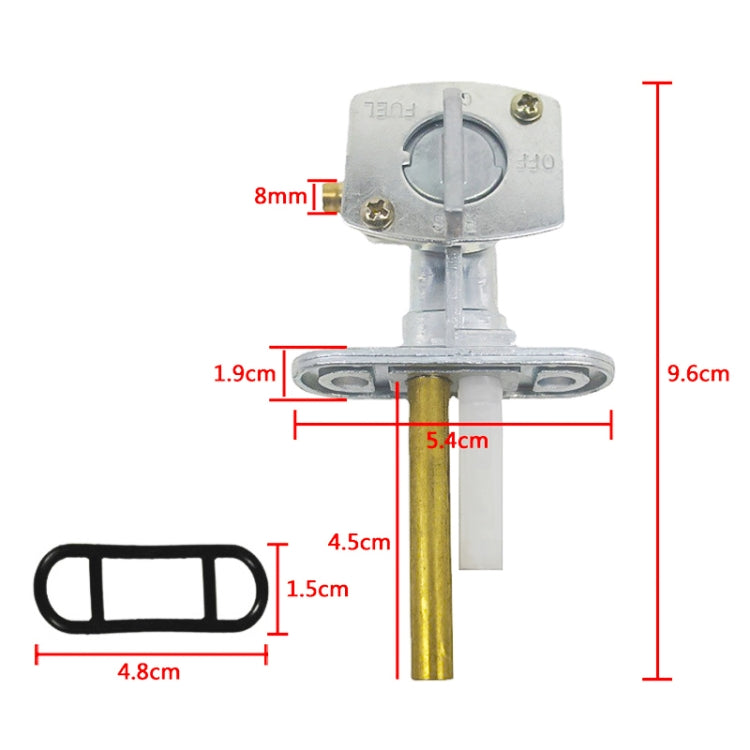 Motorcycle fuel petcock valve with switch knob, silver housing and gold stem (size guide)