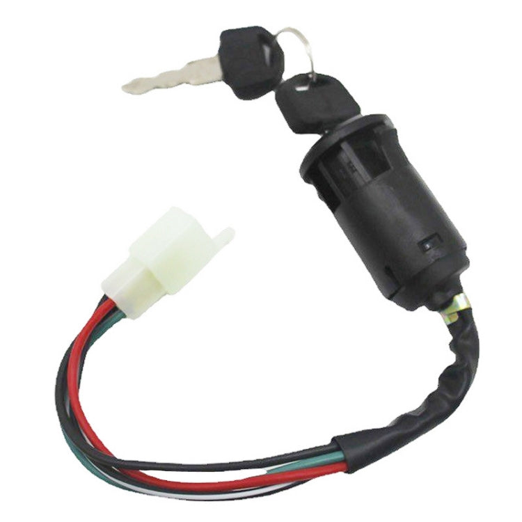 ATV ignition key switch with two keys on ring, black body, multicolor wire harness