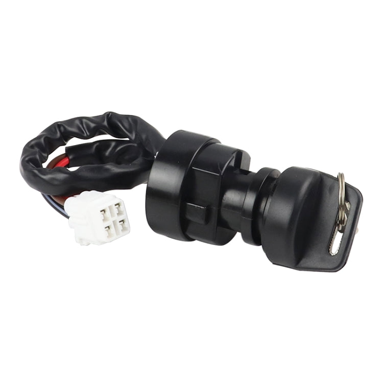 Ignition key switch with key slot and wiring connector, black housing and wire leads