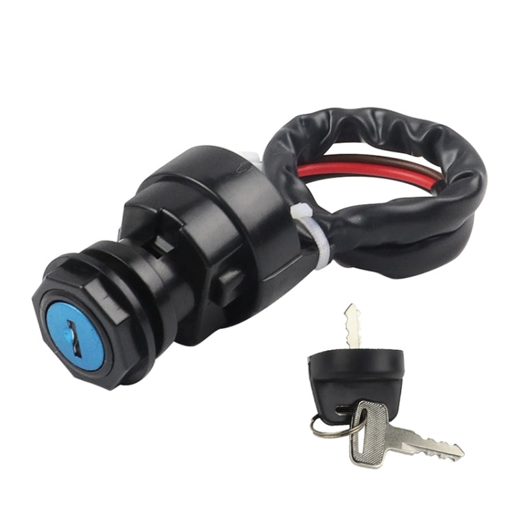 Ignition key switch cylinder with red and black wires, blue lock ring and keys