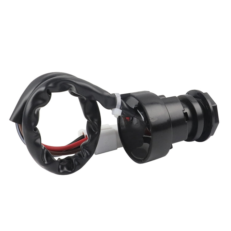 Ignition key switch with bundled wires and white connector, black plastic housing