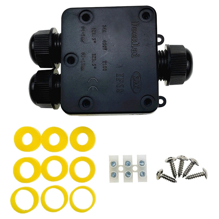 IP68 waterproof junction box kit with yellow O-ring seals, mounting screws, and terminals