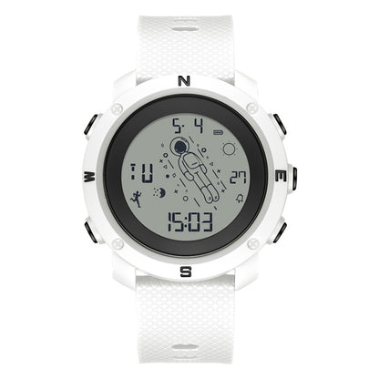 White round waterproof luminous electronic astronaut watch with textured strap and digital display