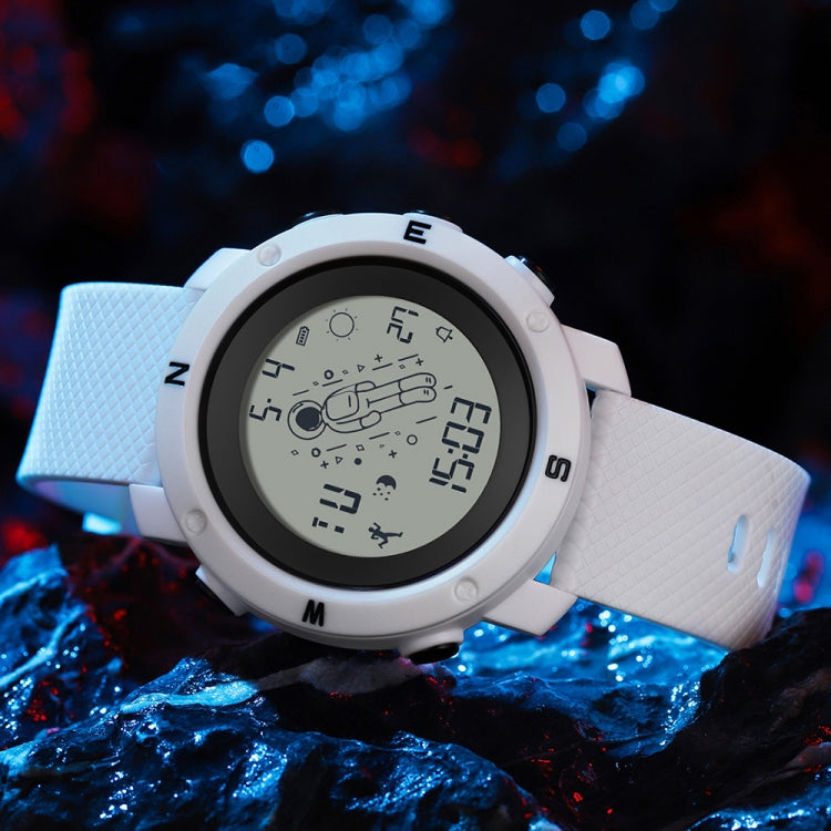 Light blue band astronaut electronic watch with round case and luminous digital display