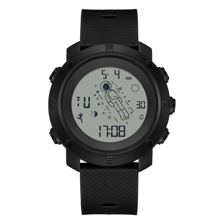Black round waterproof luminous electronic astronaut watch with textured black strap and digital display