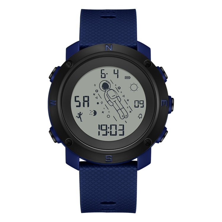Navy blue round waterproof luminous electronic astronaut watch with textured strap and digital display