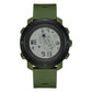 Olive green round waterproof luminous electronic astronaut watch with textured strap and digital display