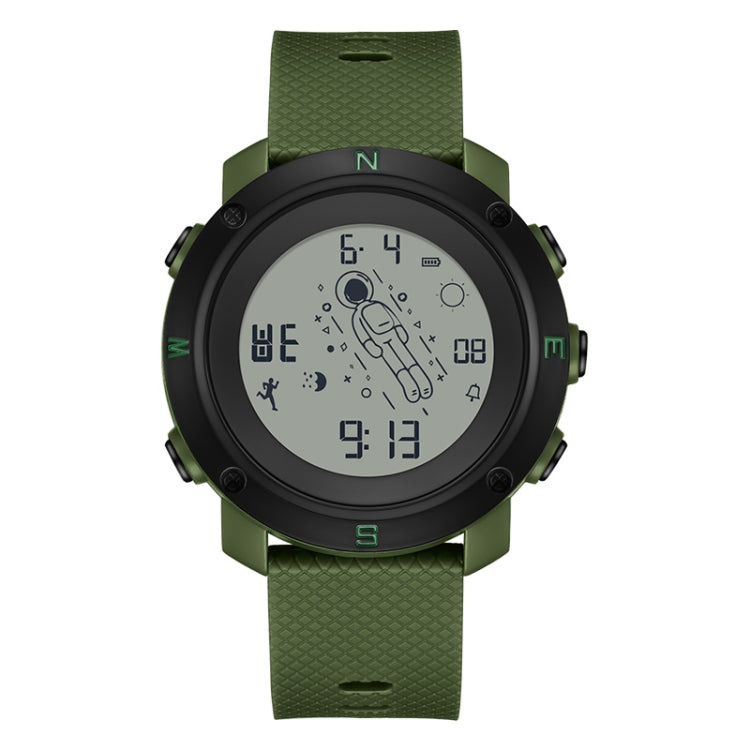 Olive green round waterproof luminous electronic astronaut watch with textured strap and digital display