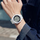 White luminous astronaut electronic watch on wrist with round case and digital display