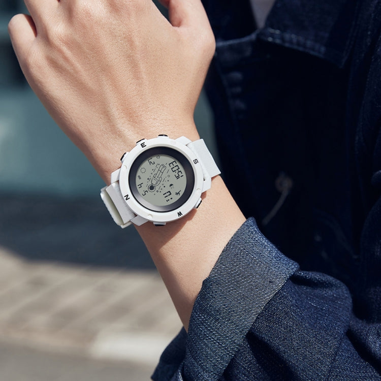 White luminous astronaut electronic watch on wrist with round case and digital display