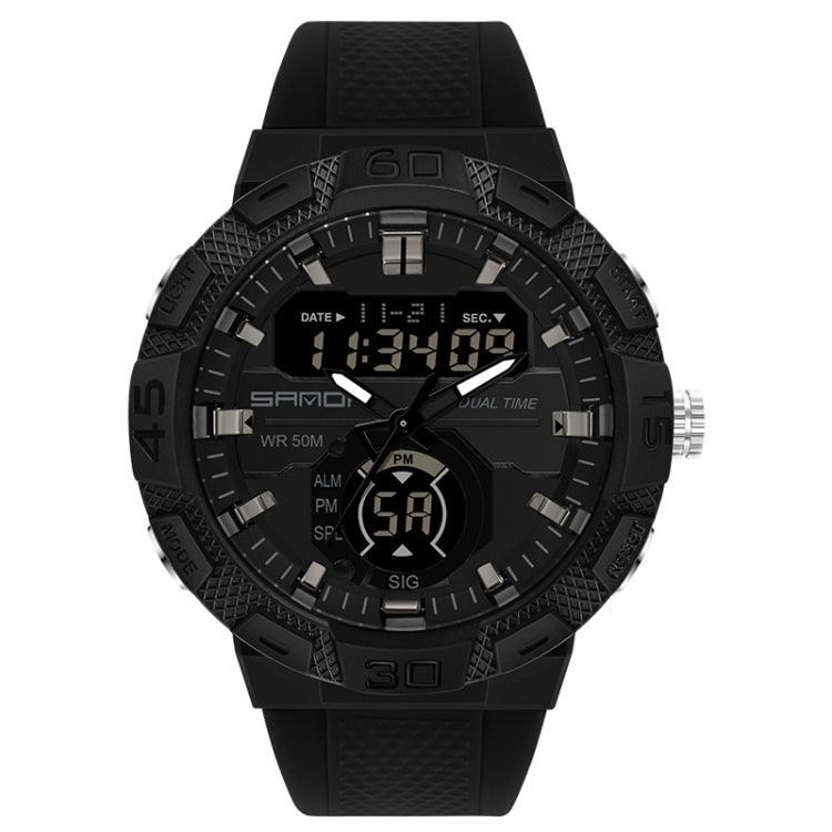Black dual display digital watch with black rubber strap and rugged bezel