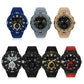 Dual display digital watch set with black, blue, gray, and beige straps